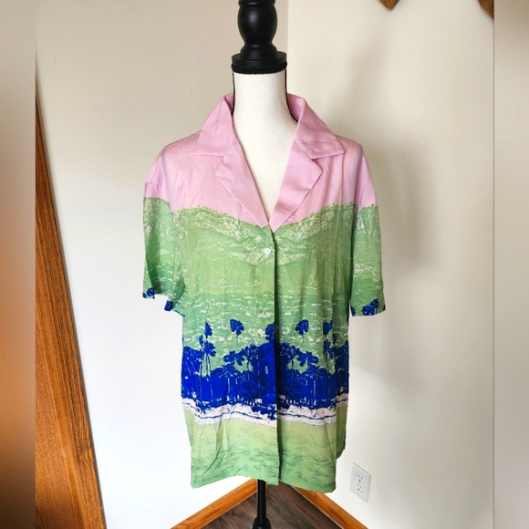 NWT Nasty Gal Recycled Landscape Print Tropical Shirt - Picture 1 of 4